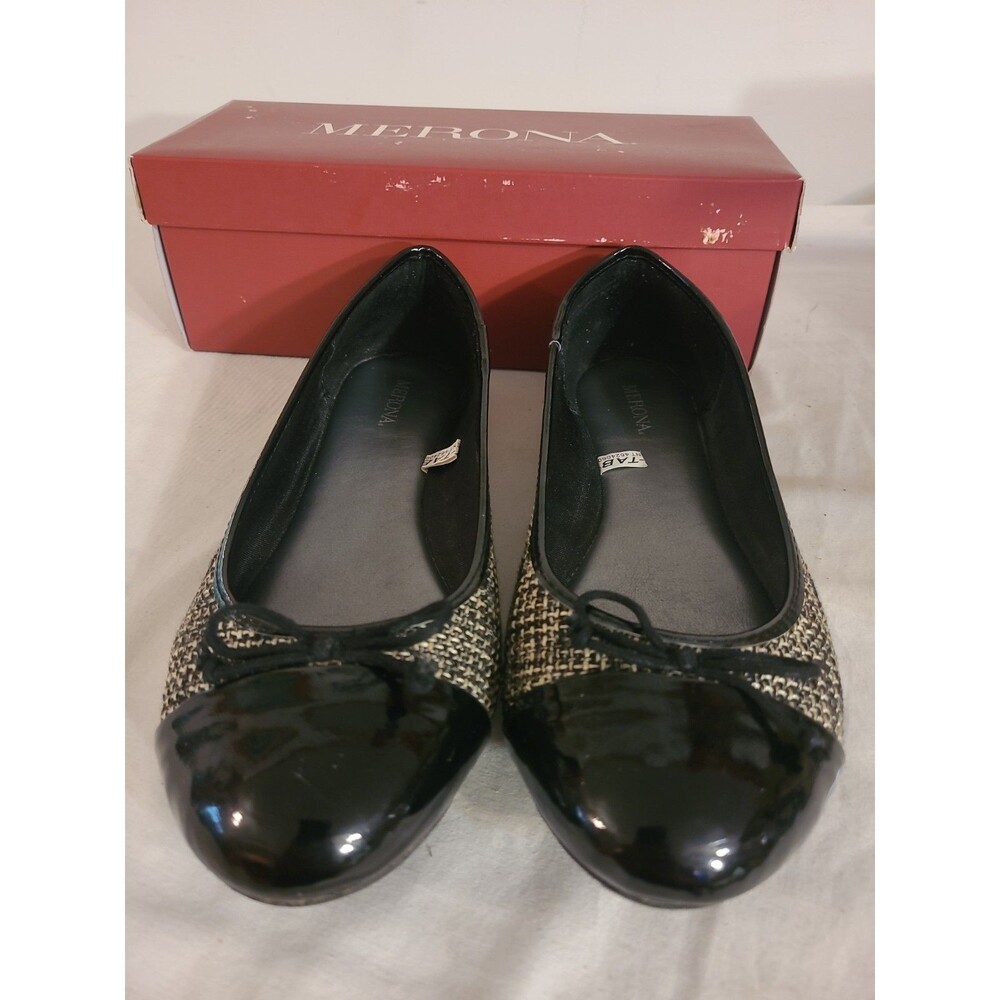 Merona Madge Black Flats Bows Sz 9 Comfort Tweed Blk Wht Gray